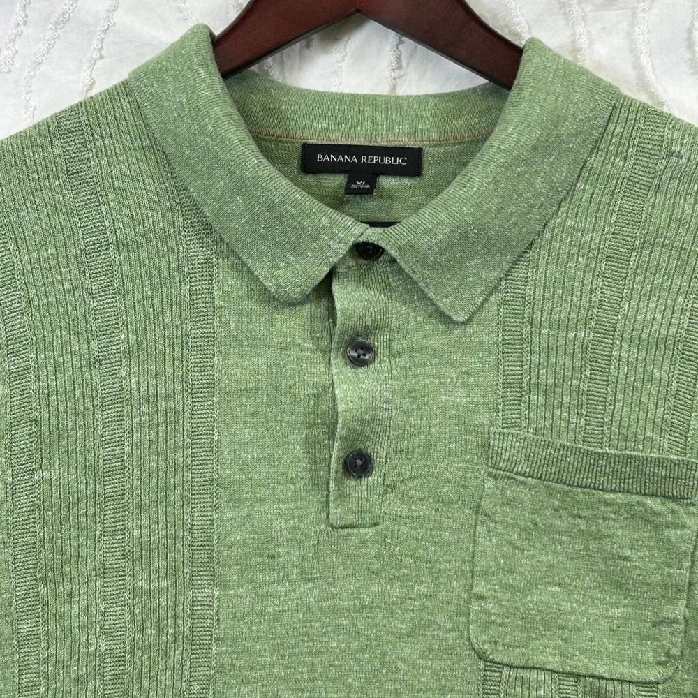 Banana Republic Linen Blend Polo Sweater Men XL Green Textured Knit Short Sleeve